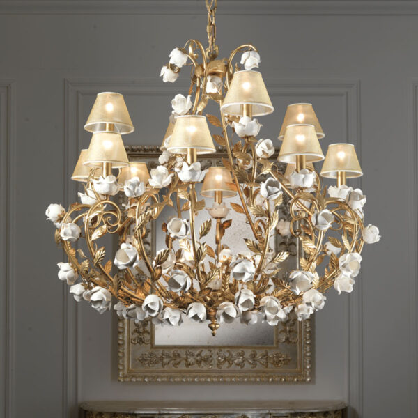 41124/LP Wrought Iron Chandelier with Handmade Ceramic Roses