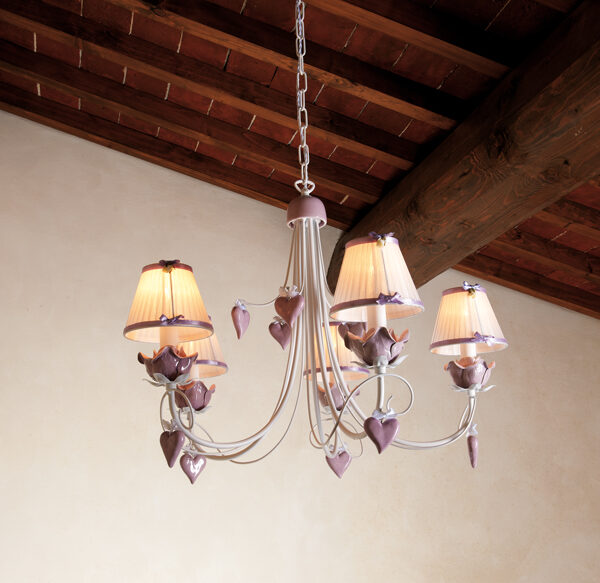 03613/5LPR_H Ceramic and Iron Chandelier with open Roses and Hearts